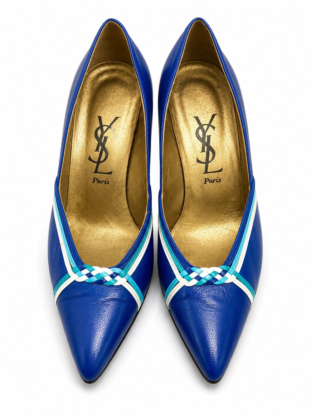 Yves Saint Laurent Cobalt Blue Pointed Leather Pumps with Braided Trim